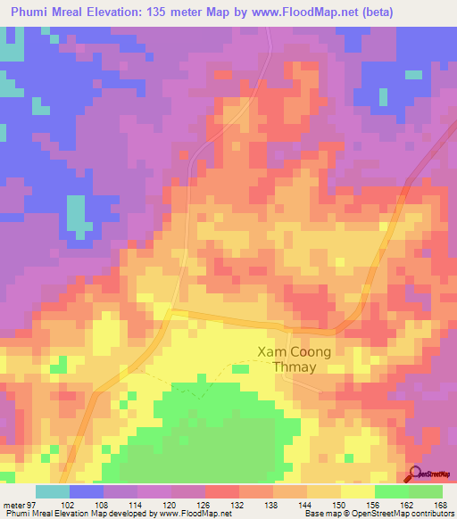Phumi Mreal,Cambodia Elevation Map