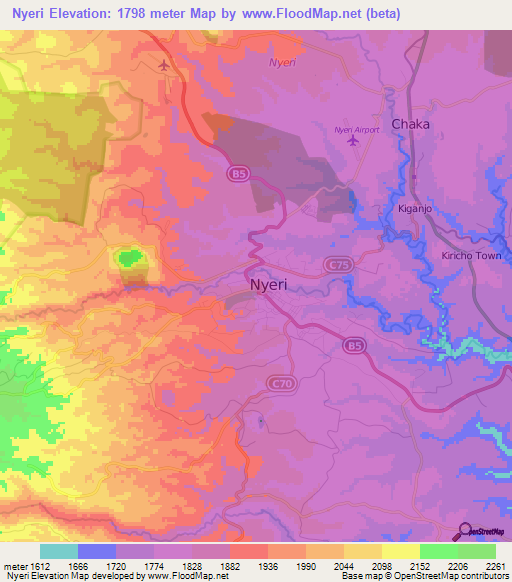 Nyeri,Kenya Elevation Map