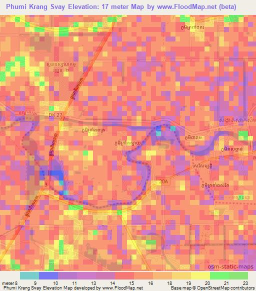 Phumi Krang Svay,Cambodia Elevation Map