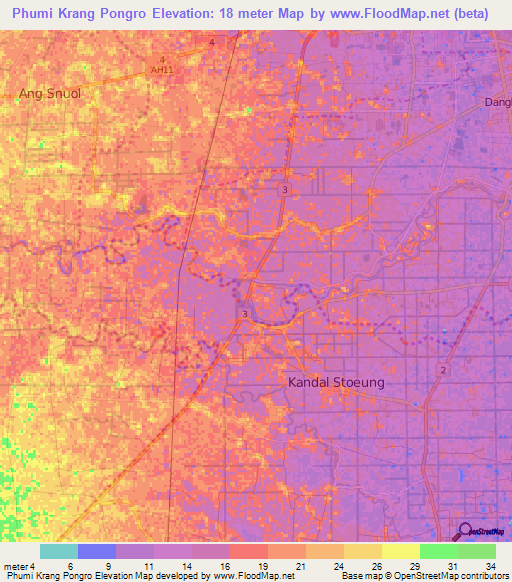Phumi Krang Pongro,Cambodia Elevation Map
