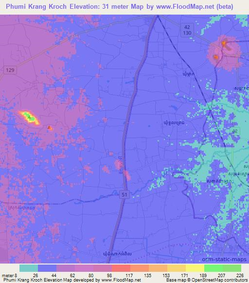 Phumi Krang Kroch,Cambodia Elevation Map