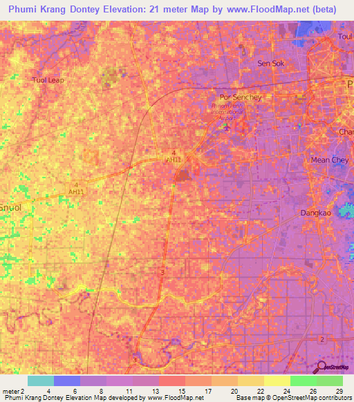 Phumi Krang Dontey,Cambodia Elevation Map