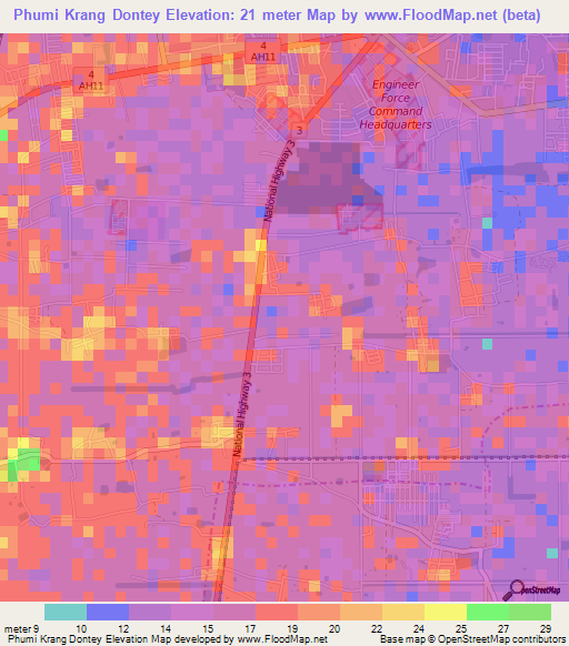 Phumi Krang Dontey,Cambodia Elevation Map