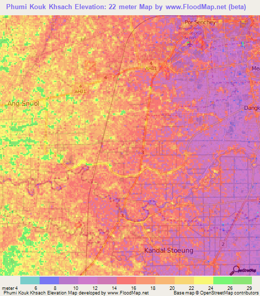 Phumi Kouk Khsach,Cambodia Elevation Map