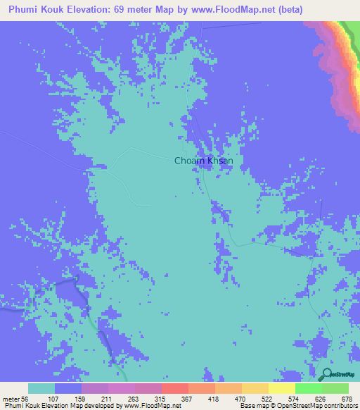 Phumi Kouk,Cambodia Elevation Map