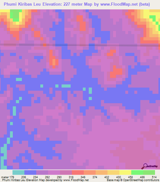 Phumi Kiribas Leu,Cambodia Elevation Map