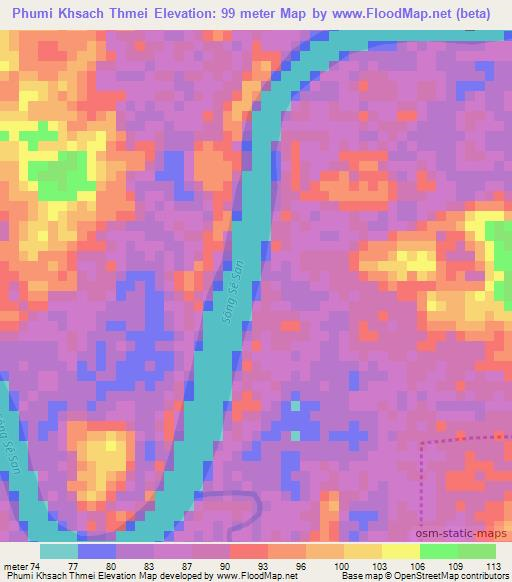 Phumi Khsach Thmei,Cambodia Elevation Map