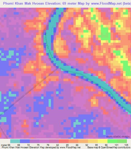 Phumi Khan Mak Hvoean,Cambodia Elevation Map
