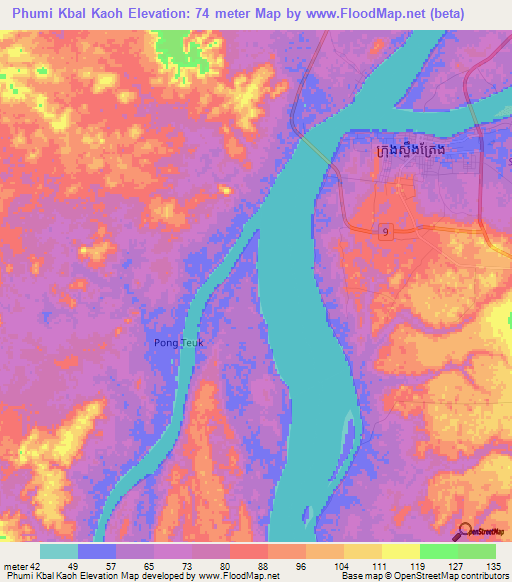 Phumi Kbal Kaoh,Cambodia Elevation Map