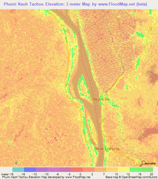 Phumi Kaoh Tachou,Cambodia Elevation Map