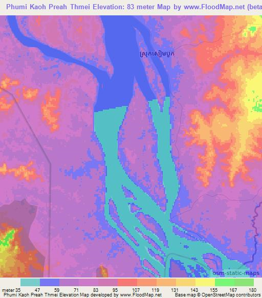 Phumi Kaoh Preah Thmei,Cambodia Elevation Map