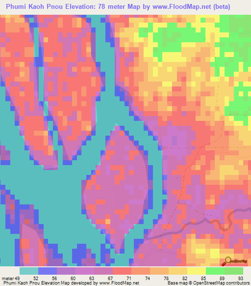 Phumi Kaoh Pnou,Cambodia Elevation Map