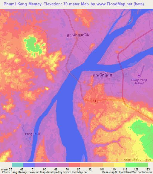 Phumi Kang Memay,Cambodia Elevation Map