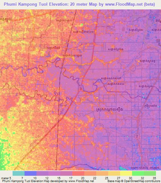 Phumi Kampong Tuol,Cambodia Elevation Map
