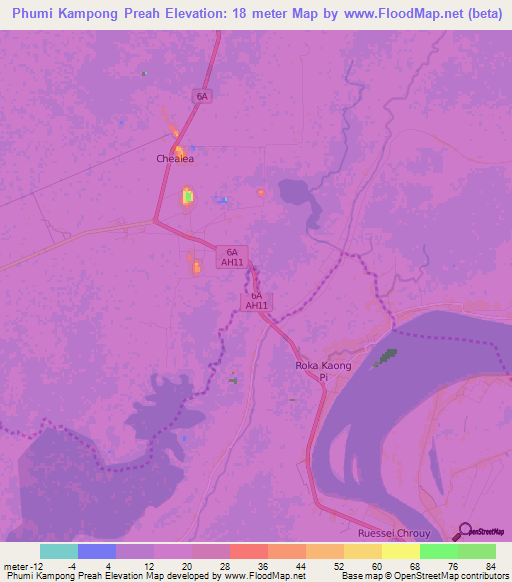 Phumi Kampong Preah,Cambodia Elevation Map