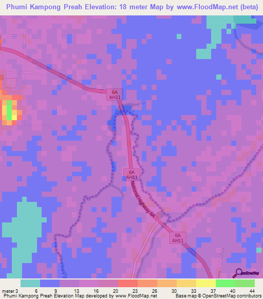 Phumi Kampong Preah,Cambodia Elevation Map