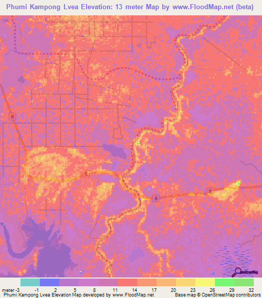 Phumi Kampong Lvea,Cambodia Elevation Map