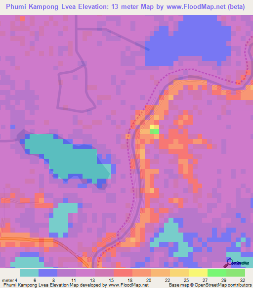 Phumi Kampong Lvea,Cambodia Elevation Map