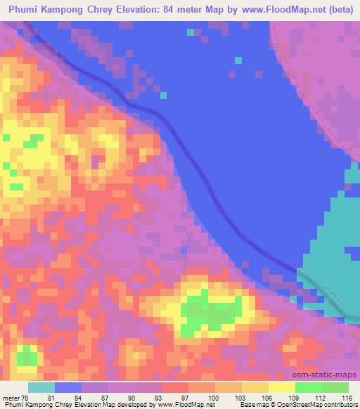 Phumi Kampong Chrey,Cambodia Elevation Map
