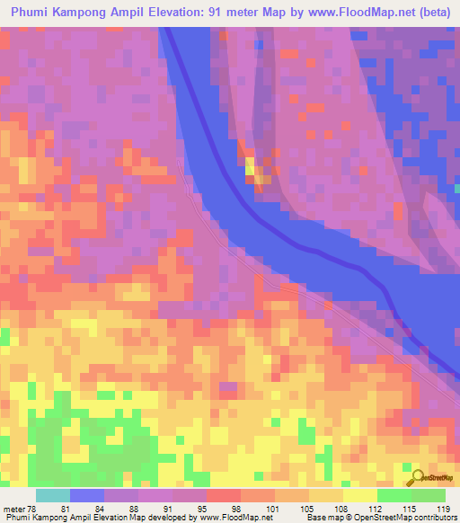 Phumi Kampong Ampil,Cambodia Elevation Map