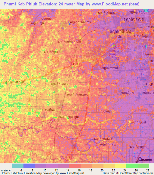 Phumi Kab Phluk,Cambodia Elevation Map