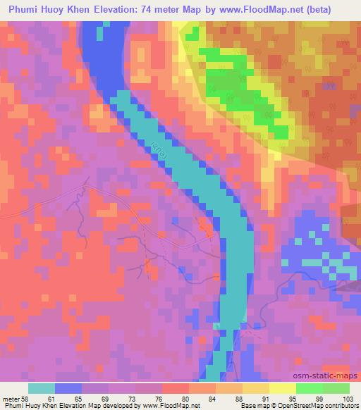 Phumi Huoy Khen,Cambodia Elevation Map