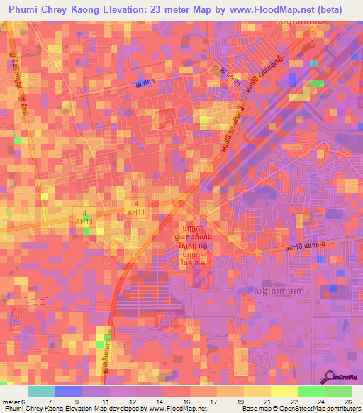 Phumi Chrey Kaong,Cambodia Elevation Map