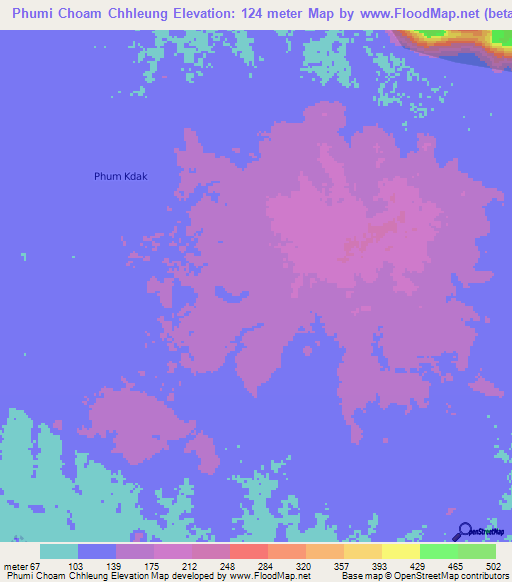 Phumi Choam Chhleung,Cambodia Elevation Map
