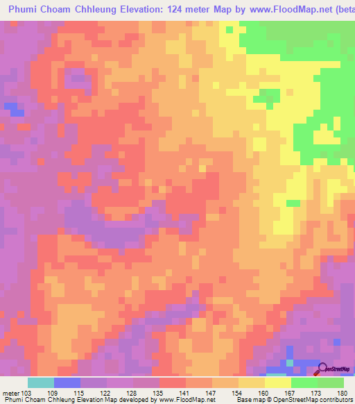 Phumi Choam Chhleung,Cambodia Elevation Map