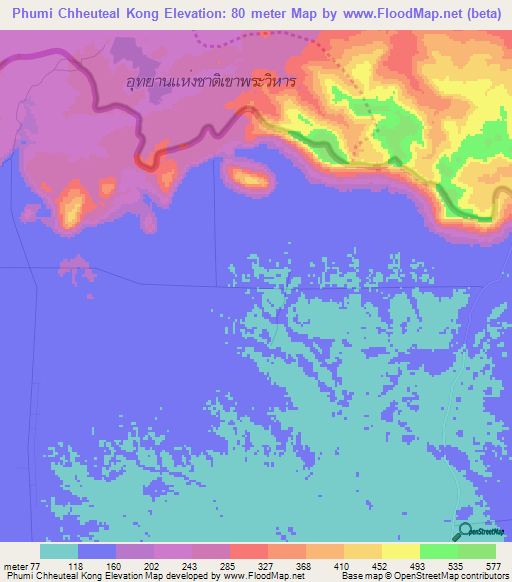 Phumi Chheuteal Kong,Cambodia Elevation Map
