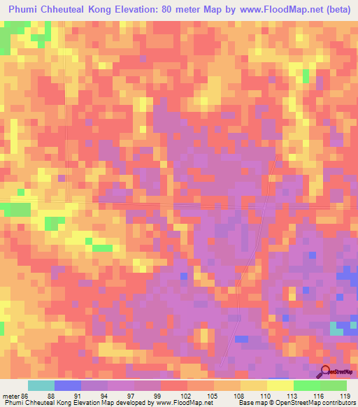 Phumi Chheuteal Kong,Cambodia Elevation Map