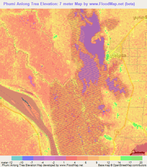 Phumi Anlong Trea,Cambodia Elevation Map