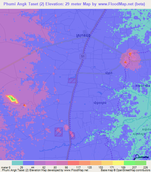 Phumi Angk Taset (2),Cambodia Elevation Map