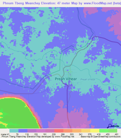 Phnum Tbeng Meanchey,Cambodia Elevation Map