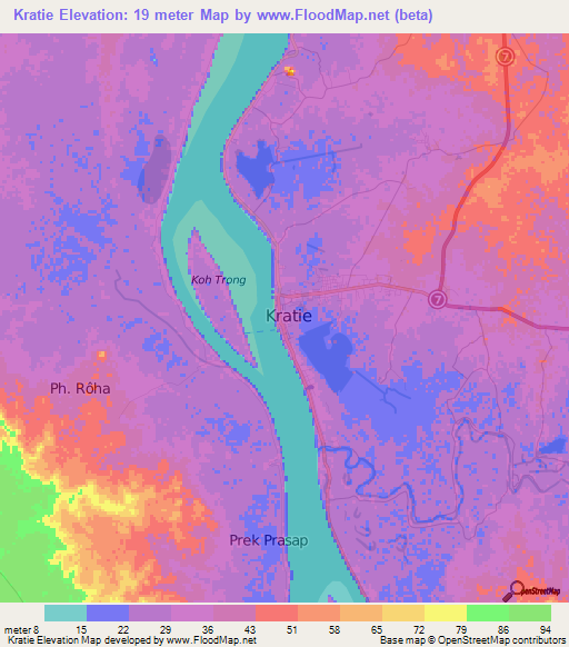 Kratie,Cambodia Elevation Map