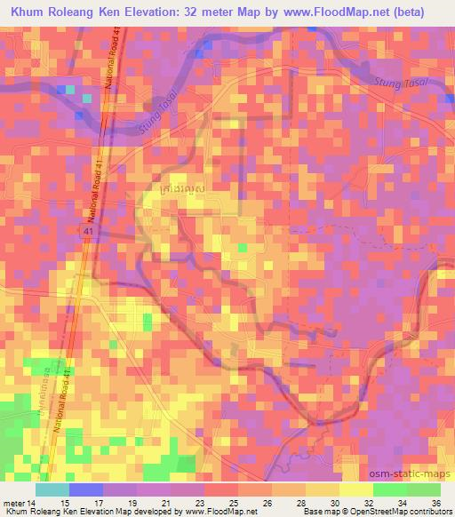 Khum Roleang Ken,Cambodia Elevation Map