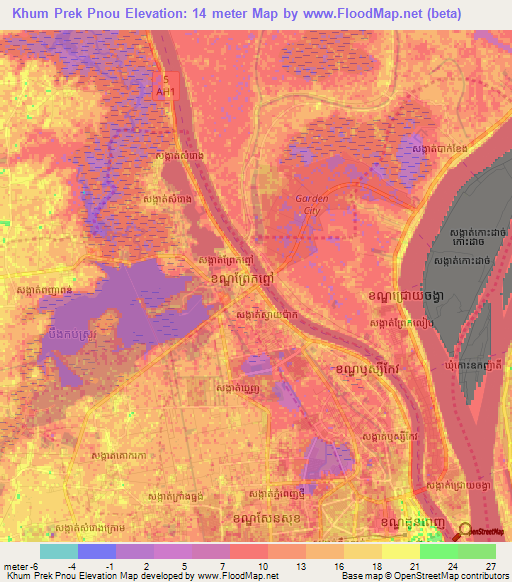 Khum Prek Pnou,Cambodia Elevation Map