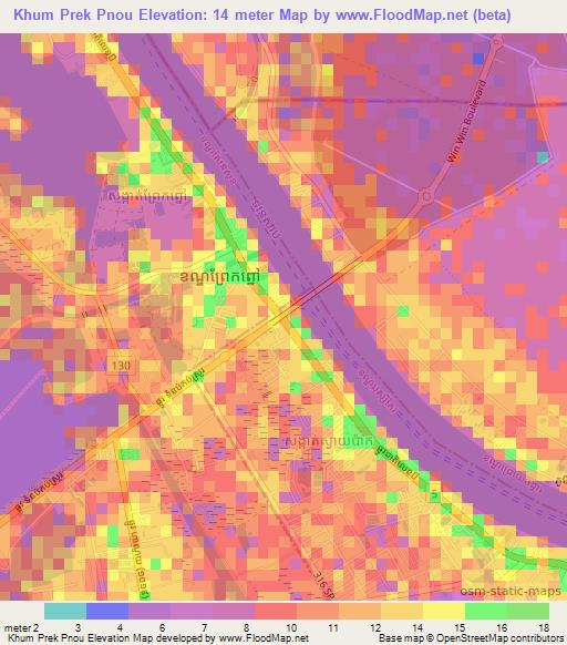 Khum Prek Pnou,Cambodia Elevation Map