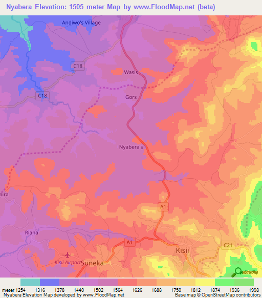 Nyabera,Kenya Elevation Map