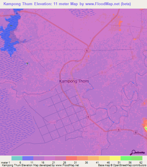 Kampong Thum,Cambodia Elevation Map