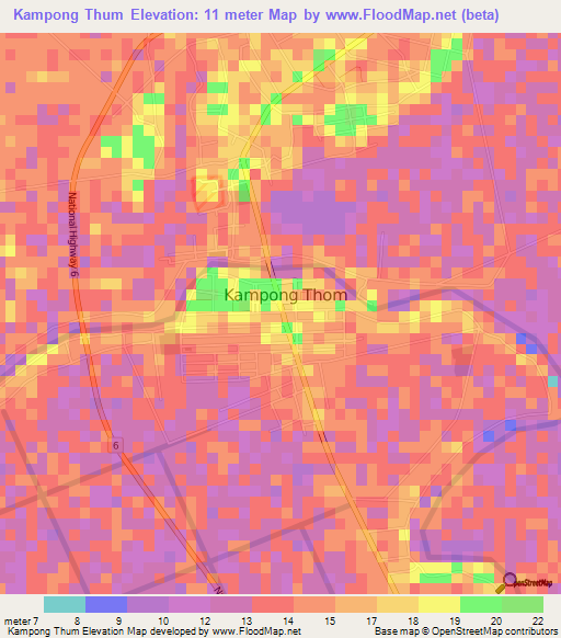 Kampong Thum,Cambodia Elevation Map
