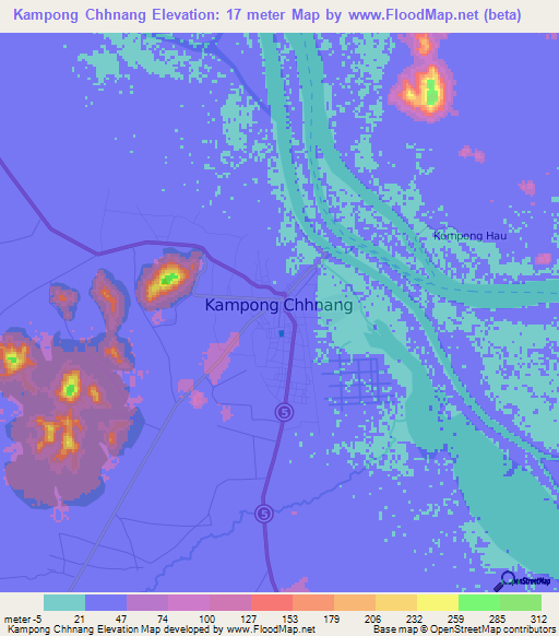Kampong Chhnang,Cambodia Elevation Map