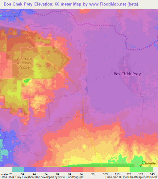 Bos Chek Prey,Cambodia Elevation Map