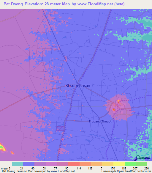 Bat Doeng,Cambodia Elevation Map