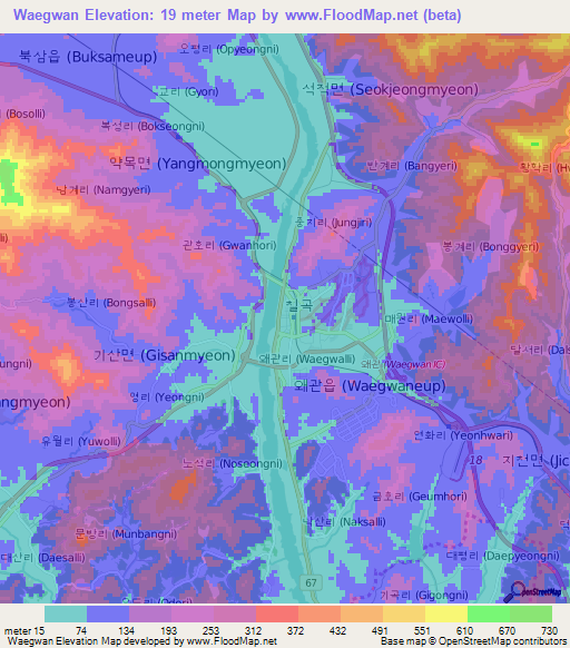 Waegwan,South Korea Elevation Map
