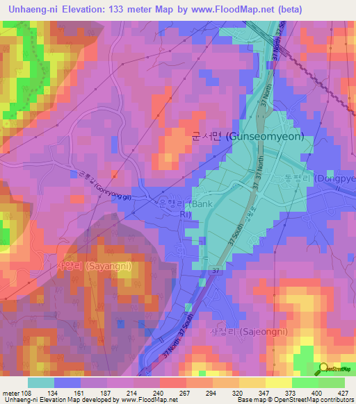 Unhaeng-ni,South Korea Elevation Map