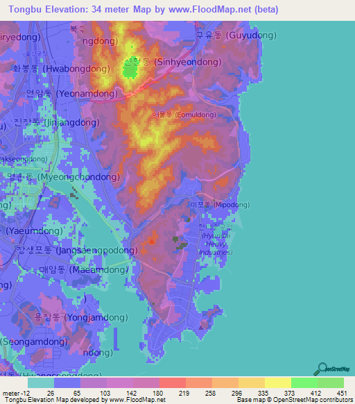 Tongbu,South Korea Elevation Map