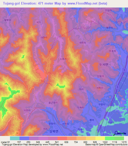 Tojang-gol,South Korea Elevation Map