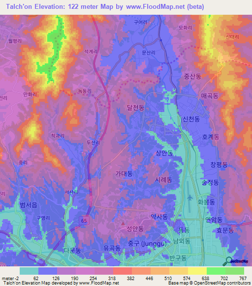 Talch'on,South Korea Elevation Map