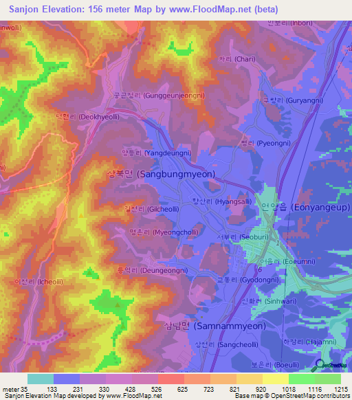 Sanjon,South Korea Elevation Map